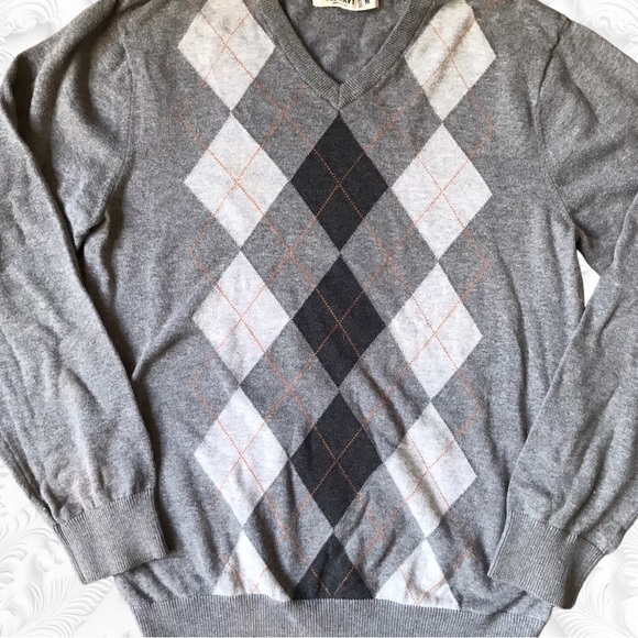Argyle V-Neck Long Sleeve Sweater In Black/Grey Size Medium - Picture 2 of 4
